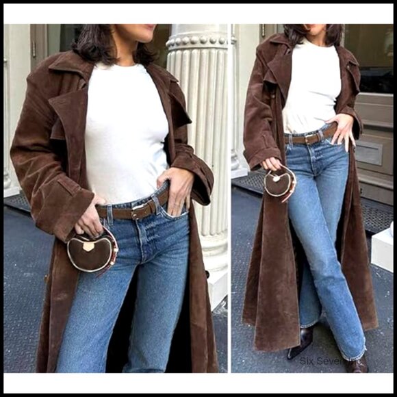 Faux Suede Long Trench Coat Notched Lapel Double Breasted Slim Fit Elegant - Picture 6 of 7